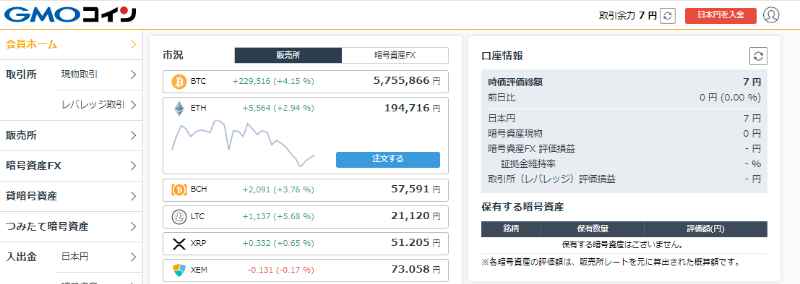 GMOコインのログイン後の画面