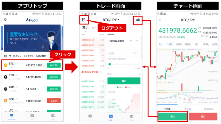 BitTrade(ビットトレード)アプリのトレード・チャート画面