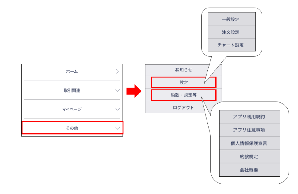 お知らせと設定と規約について (アプリログアウトしたいときもここ)